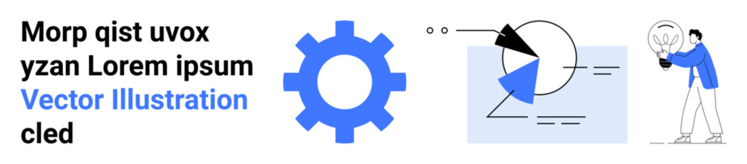 Blue gear, geometric data chart, and person holding a light bulb. Ideal for analytics, innovation, creativity, technology, design thinking, data visualization or a simple landing page