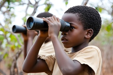 Young boy looking through binoculars observing something in the distance