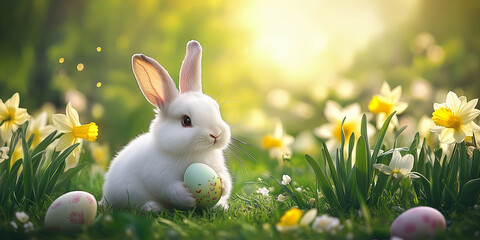 Fototapeta premium Cute fluffy bunny in green grass with colorful Easter eggs during the Egg hunt