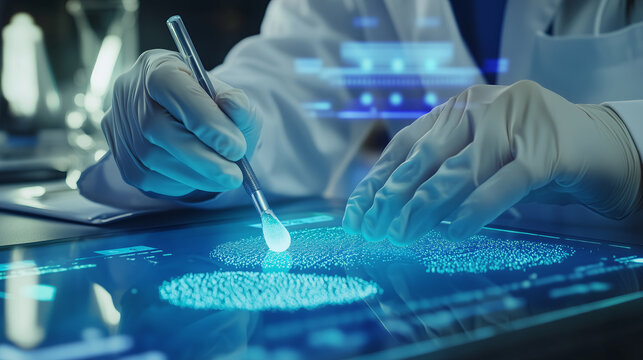A forensic scientist analyzing fingerprints on a glass surface using forensic powder and a special brush, wearing protective gloves and a white lab coat