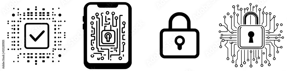 Poster design elements depicting security concepts with digital locks and encrypted data representations on