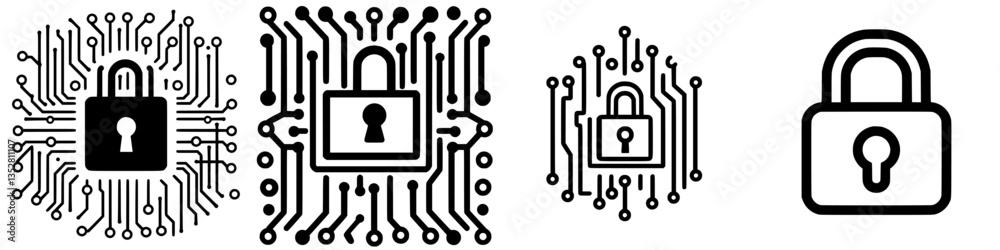 Poster visual representations of data security with padlocks and circuit patterns showcasing cybersecurity 