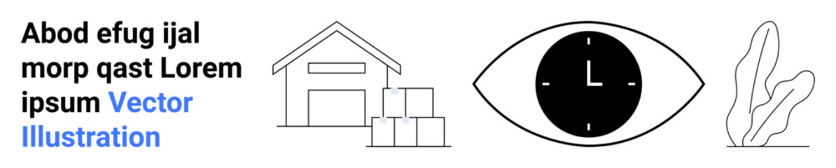 Warehouse with stacked boxes, clock inside an eye symbolizing time and vision, abstract plant outline. Ideal for logistics, productivity, vision, minimalism, nature themes, creativity simple landing