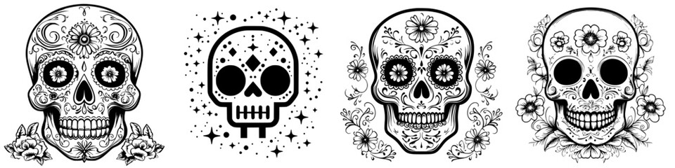 Different styles of decorative skulls illustrating the art of sugar skulls commonly seen during the Day of the Dead celebration