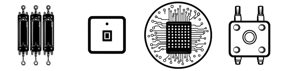 Illustrations of electronic components showcasing capacitors, circuit boards, and microchips in a technical layout