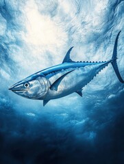 Fototapeta premium Swimming Tuna Fish Glimmering Underwater with Sunlight and Rippling Water Surface