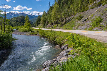 Majestic mountain road with forest foreground in Vancouver, Canada, North America. Day time on June...
