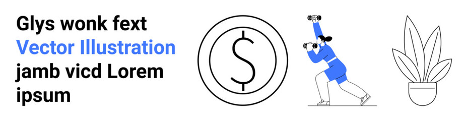 Woman using binoculars near a coin icon and plant, symbolizing exploration, investment, sustainability, profit growth, goal setting, nature-oriented design. Ideal for financial planning, flat landing