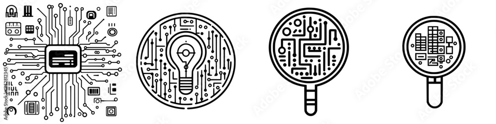 Poster circuit design and technology themes in black and white with intricate patterns and symbols represen