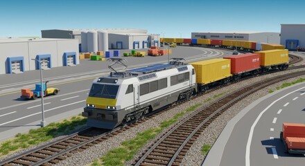 Efficient Freight Train Logistics and Supply Chain 3D Model - Modern freight train efficiently transports goods, symbolizing global trade, supply chain optimization, reliable delivery