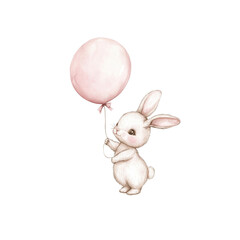 A soft watercolor depiction of a baby bunny happily holding a pink balloon, radiating charm and sweetness with a transparent backdrop.
