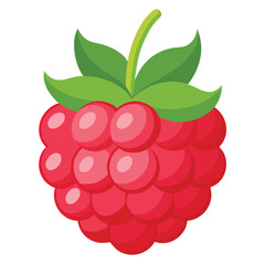Cartoon Raspberry with Green Leaves and Stem on White Background, Flat Design