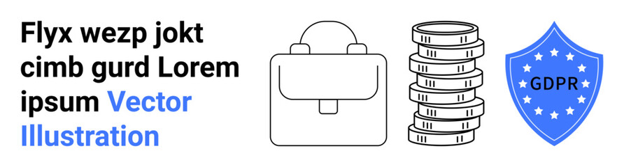 Shield with GDPR, coin stack, and briefcase. Ideal for data security, compliance, business, privacy law, fintech, regulation practices simple landing page
