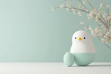 Pastel colored Easter egg, spring flower and cute chick on a blue background with copy space.	