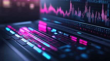 Abstract digital laptop screen displaying colorful data visualization and audio waveforms in a dark environment