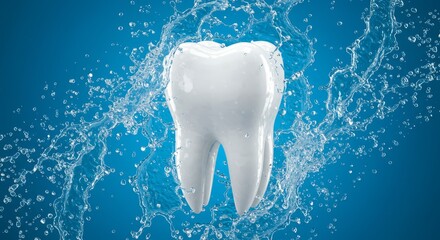 Clean Tooth Water Splash - A single, clean tooth surrounded by a splash of water on a blue background. Perfect for dental care or oral hygiene