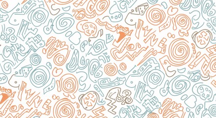 A playful hand-drawn doodle pattern with random shapes.