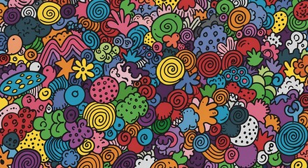 A playful hand-drawn doodle pattern with random shapes.