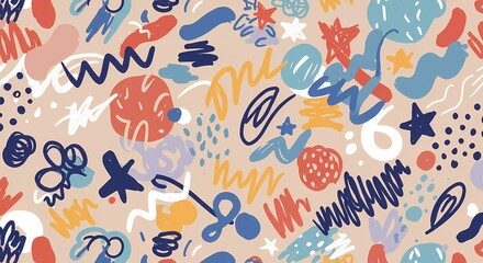 A playful hand-drawn doodle pattern with random shapes.