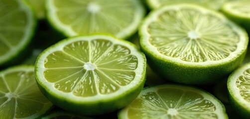 Fresh lime slices close-up. Bright green color. Citrus fruit. Sour juice. Vitamin C. Healthy food. Refreshing summer drink ingredient. Cut half, background texture.