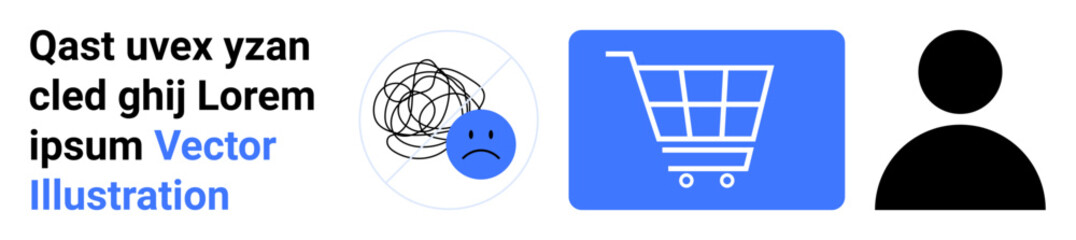 Tangled thoughts cloud with sad face, blue shopping cart, and user profile icon. Ideal for mental health, online shopping, user interaction, e-commerce, emotional support, digital profiles simple