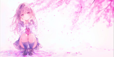 Obraz premium 桜の花びらが舞う中、しゃがんで微笑む女性。水彩。イラスト。女の子。春の背景素材。