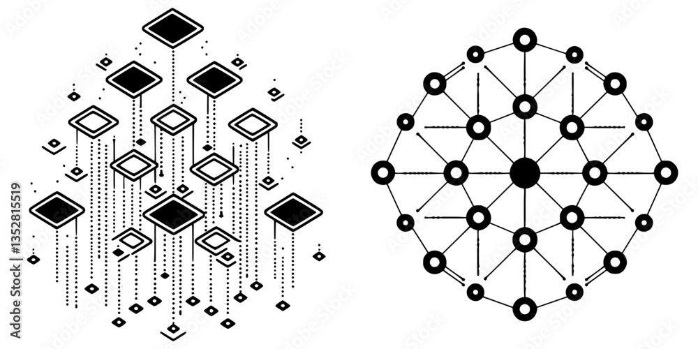Poster abstract geometric patterns with floating squares and interconnected circles in contrasting black an