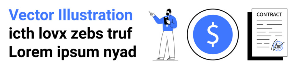 Obraz premium Business professional presenting financial insights with a clipboard, dollar symbol, and signed contract. Ideal for finance, consultation, agreements, contracts, economy, presentation simple landing