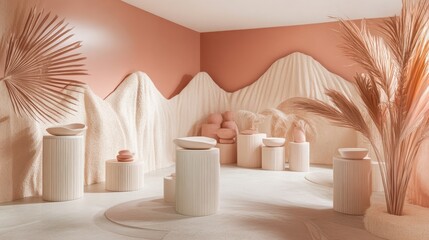 Minimalist display, cream and peach tones, interior design