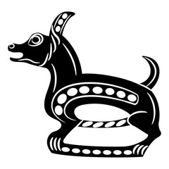 Stylized dog. Permian animal style. Ethnic design from ancient Siberia. Black and white silhouette