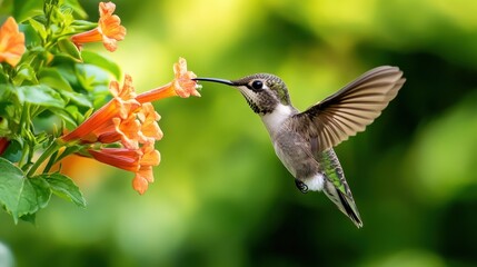 Obraz premium A hummingbird is drinking nectar from an orange flower carefully