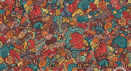 A playful hand-drawn doodle pattern with random shapes.