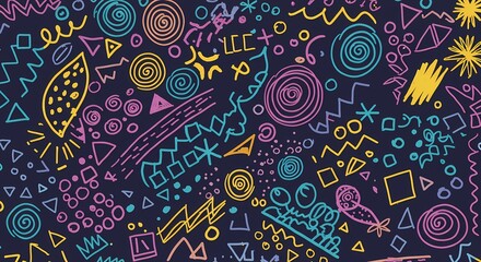 A playful hand-drawn doodle pattern with random shapes.