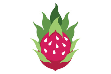 Fototapeta premium Flat Design of a Bright Pink Dragon Fruit with Green Leaves on a White Background