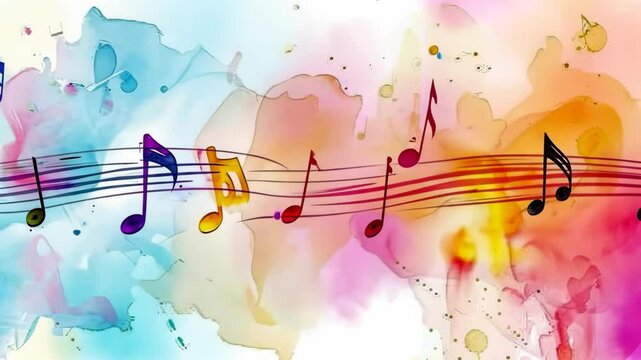 Colorful musical notes dance across vibrant watercolor background animation