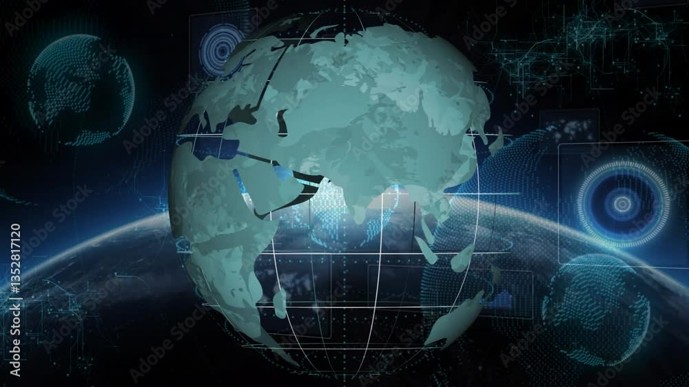 Poster digital globe with data processing animation over earth from space