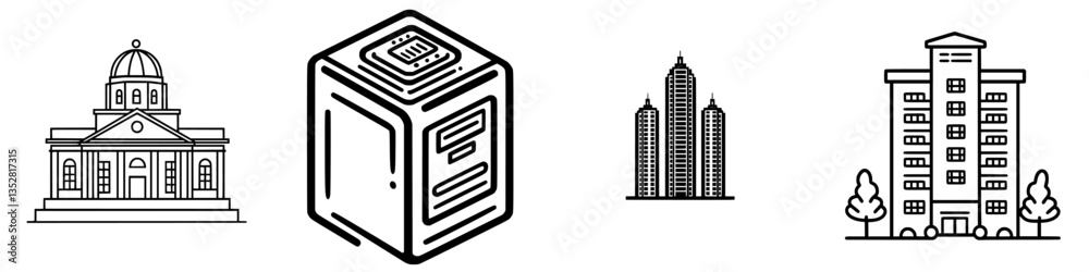 Poster architectural sketches depicting various building types and structures in a minimalist design style 