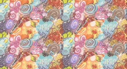A playful hand-drawn doodle pattern with random shapes.