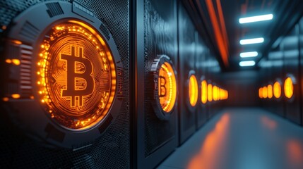 Cryptocurrency server farm glowing circles on data storage racks in long, dark corridor