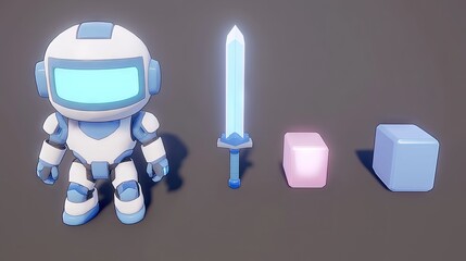 Cute robot with sword and cubes, game asset, 3D model