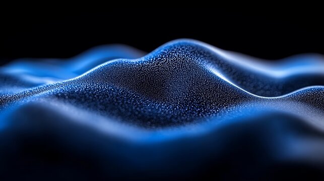 A visually striking abstract landscape of undulating blue particles