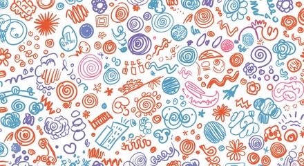 A playful hand-drawn doodle pattern with random shapes.