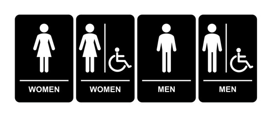 Black and White Mens & Womens Restroom Signs with ADA Symbols - Accessible Bathroom Sign Designs