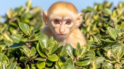 Fototapeta premium Adorable young monkey peeks through lush green leaves with curiosity