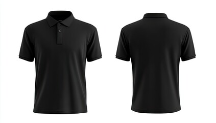 Blank black polo shirt, front and back views.  Detailed 3D mockup