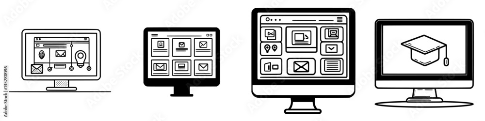 Poster illustration of four computer screens showcasing different website layouts and digital interfaces in
