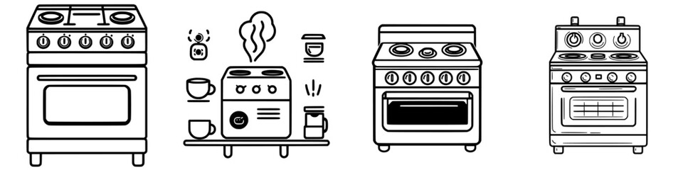 Fototapeta premium Modern kitchen appliances in black and white illustrations showcase various stove designs and their features
