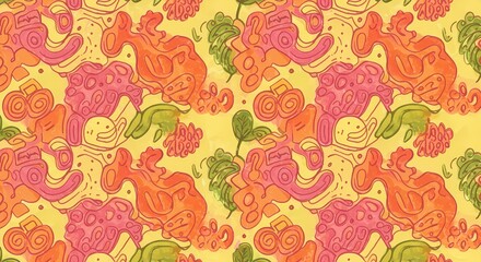 A playful hand-drawn doodle pattern with random shapes.