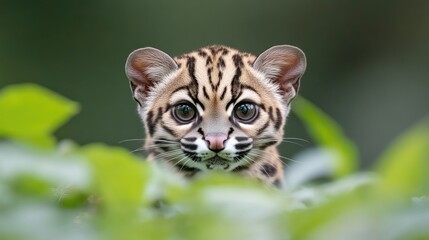 Obraz premium A small ocelot cub peeks curiously through vibrant green leaves in a lush tropical forest.