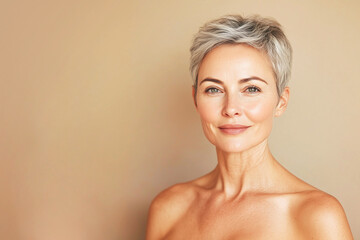 Adult elderly and beautiful woman 50 years old. Smiling charming mature woman , touches her cheek. Beauty and care cosmetology for mature facial skin. Makeup and cosmetology. adult skin, older lady